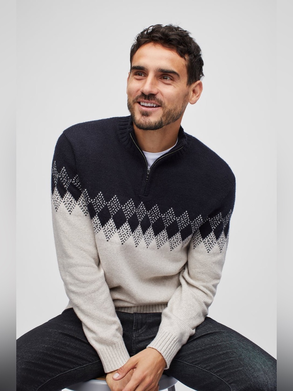 Men's Navy and Cream Half-Zip Argyle Sweater